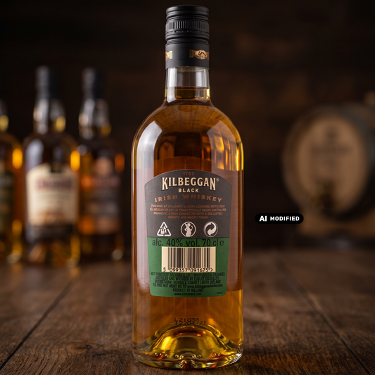 Whiskyquartier Kilbeggan Black Irish Whiskey Flaschenrückseite mit Etikett auf einem rustikalen Holztisch