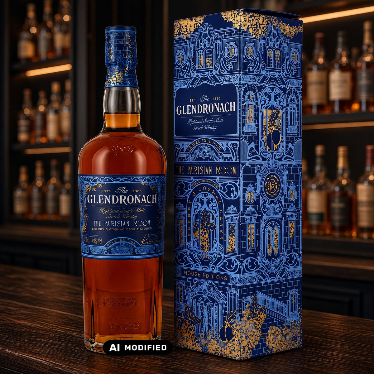Whiskyquartier GlenDronach The Parisian Room Single Malt Whisky mit Geschenkverpackung in einer Bar