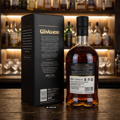 Whiskyquartier GlenAllachie The Sinteis Series IV Whiskyflasche mit schwarzer Geschenkverpackung auf Holztisch
