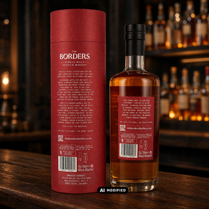Whiskyquartier Borders Distillery 8 Jahre First Release Single Malt Flasche mit roter Tube vor Barregal