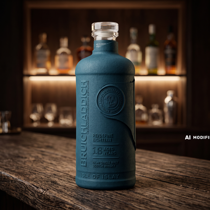 Whiskyquartier Bruichladdich Laddie 18 Jahre Single Malt Whisky in der charakteristischen blauen Flasche auf einem Tresen