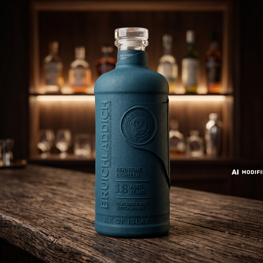Whiskyquartier Bruichladdich Laddie 18 Jahre Single Malt Whisky in der charakteristischen blauen Flasche auf einem Tresen