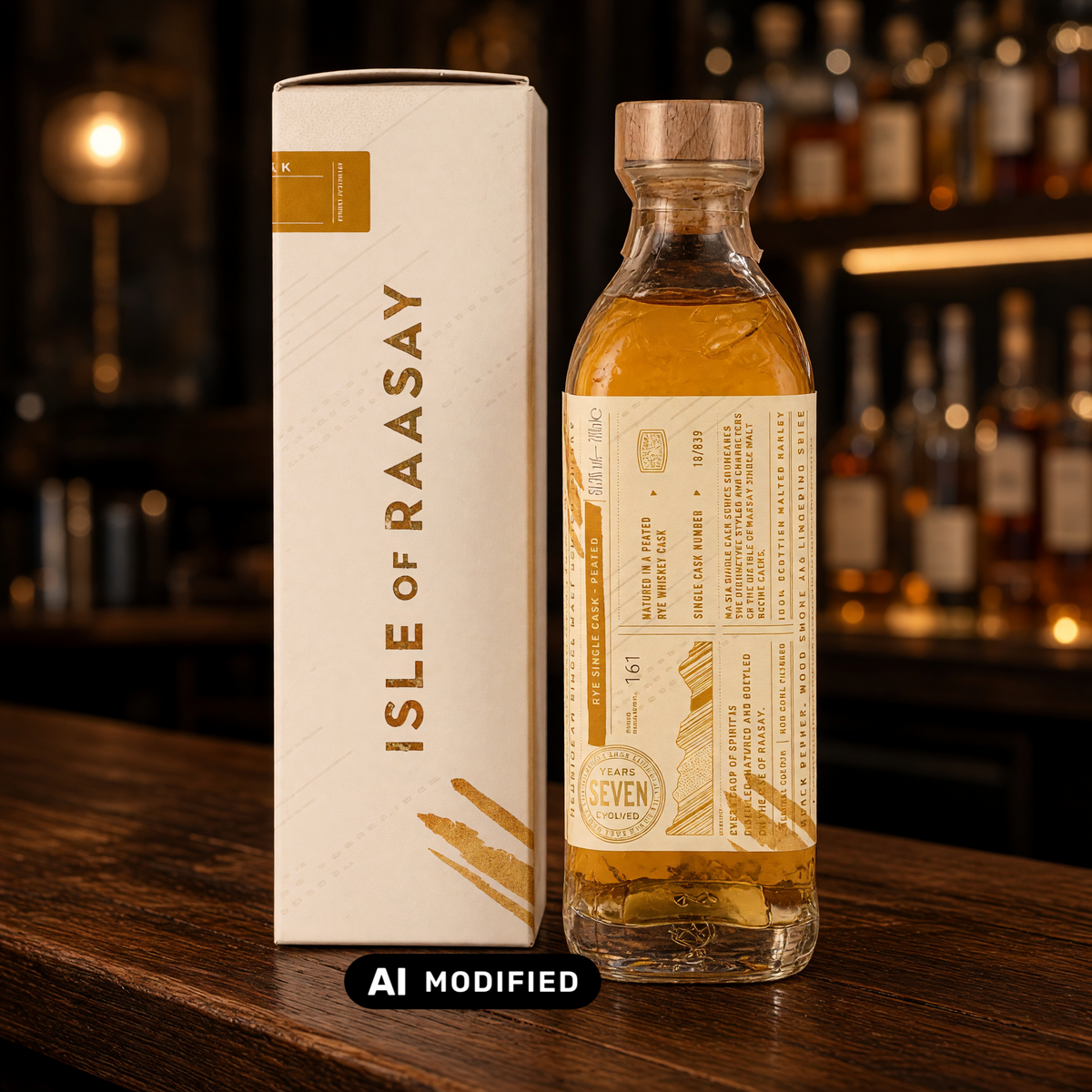 Whiskyquartier Isle of Raasay 7 Jahre Single Malt Whisky in Flasche und Geschenkverpackung auf einem Tresen