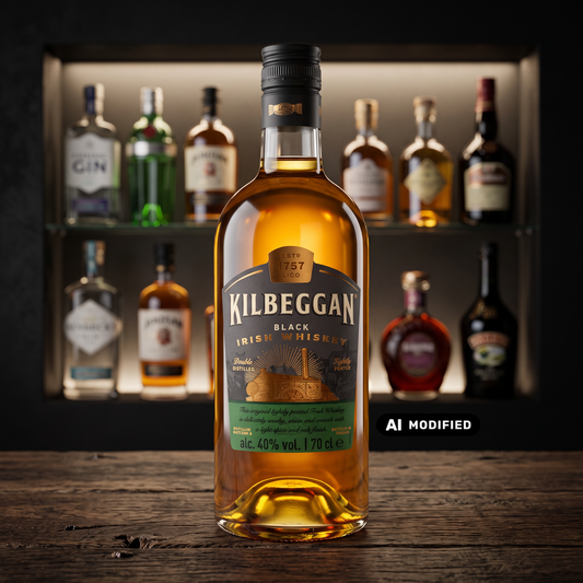Whiskyquartier Kilbeggan Black Irish Whiskey Flasche mit schwarzem Etikett auf einem rustikalen Holztisch