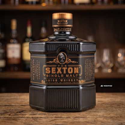 Whiskyquartier The Sexton Single Malt Irish Whiskey in markanter schwarzer Flasche auf einem Holztisch