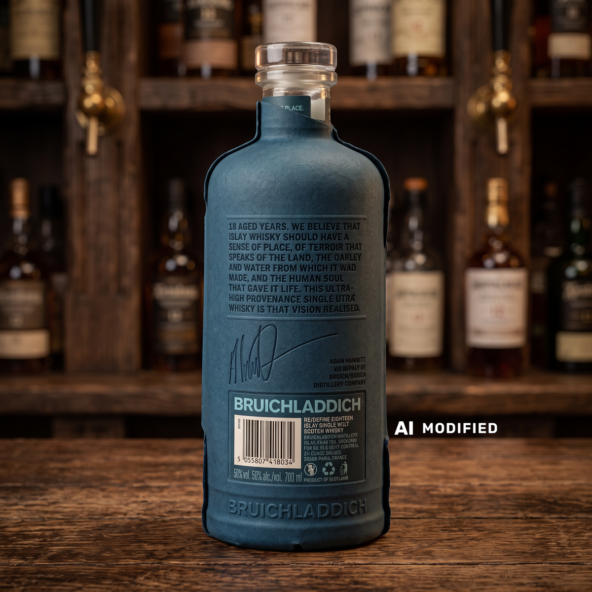 Whiskyquartier Bruichladdich Laddie 18 Jahre Single Malt Whisky in blauer Schutzhülle vor einem Whiskyregal