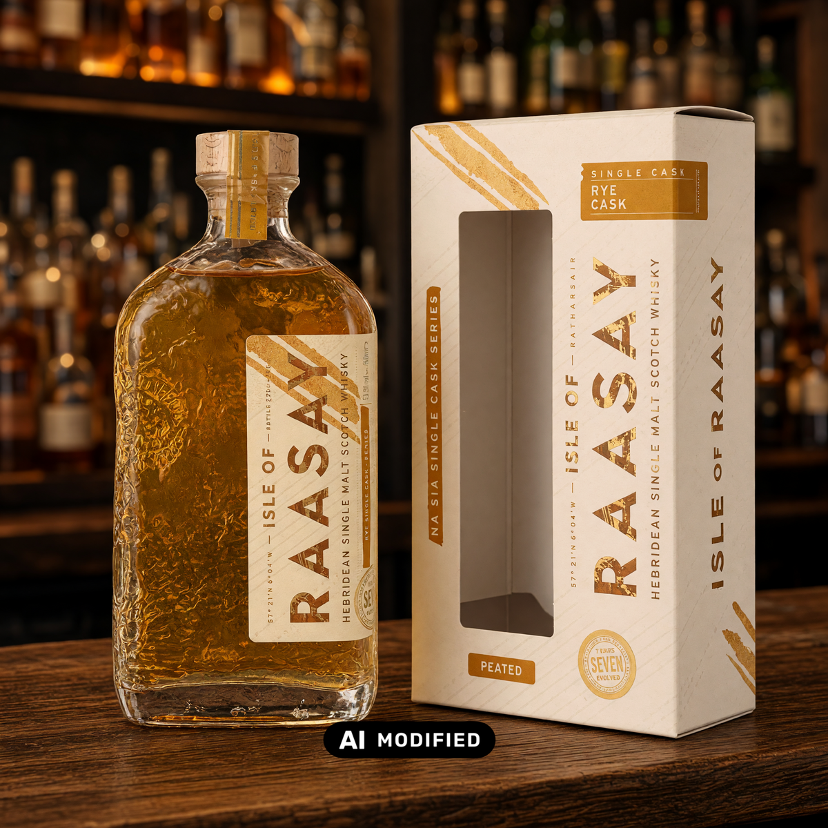Whiskyquartier Isle of Raasay 7 Jahre Single Malt Whisky in Fassstärke mit Geschenkverpackung auf einem Holztisch