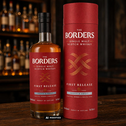 Whiskyquartier Borders Distillery 8 Jahre First Release Single Malt Whisky Flasche mit roter Geschenkverpackung
