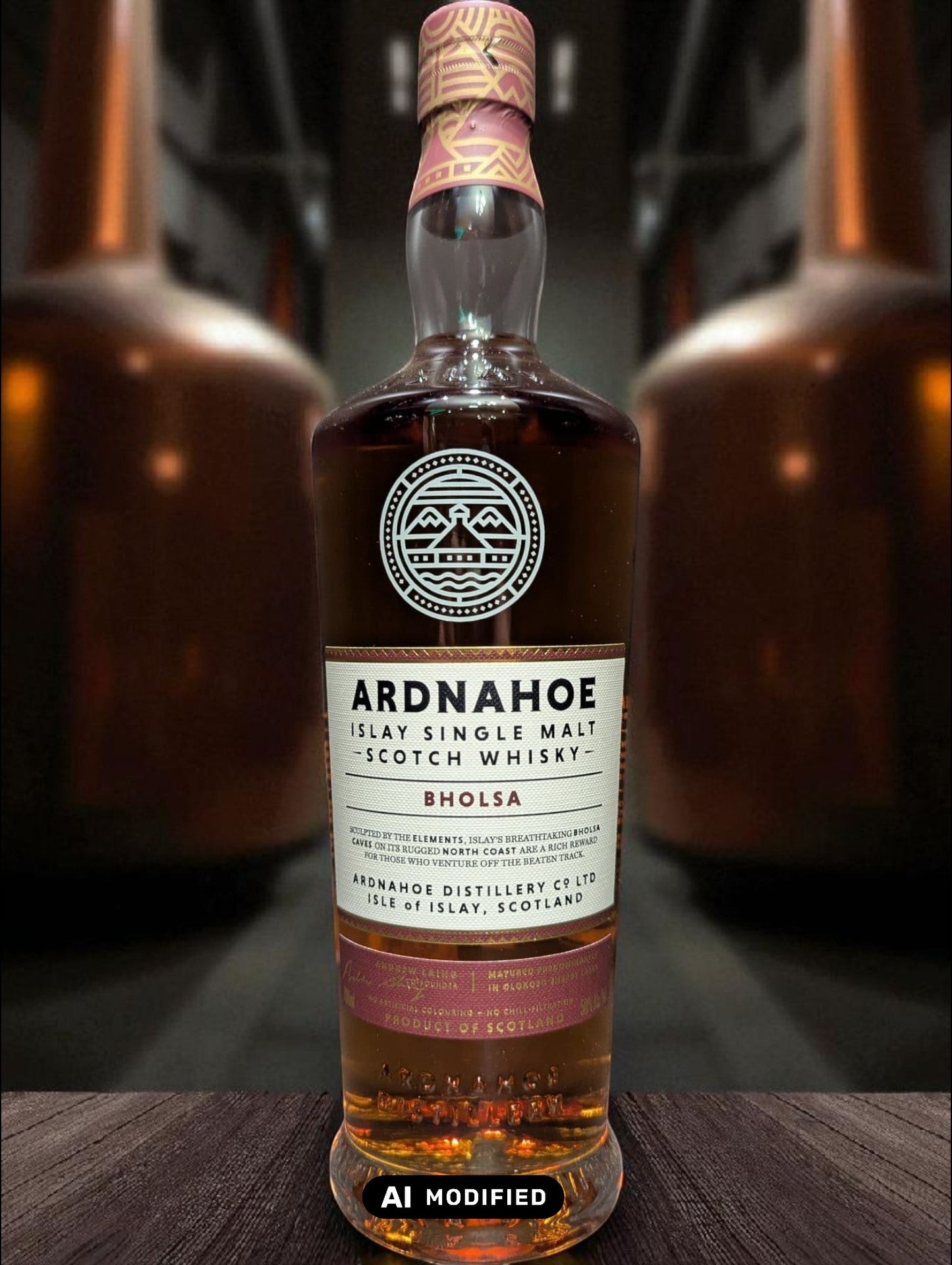 Flasche Ardnahoe Bholsa Whisky vor dunkelm Distillenhintergrund