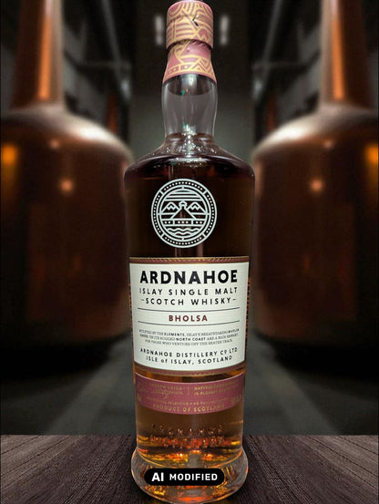 Flasche Ardnahoe Bholsa Whisky vor dunkelm Distillenhintergrund