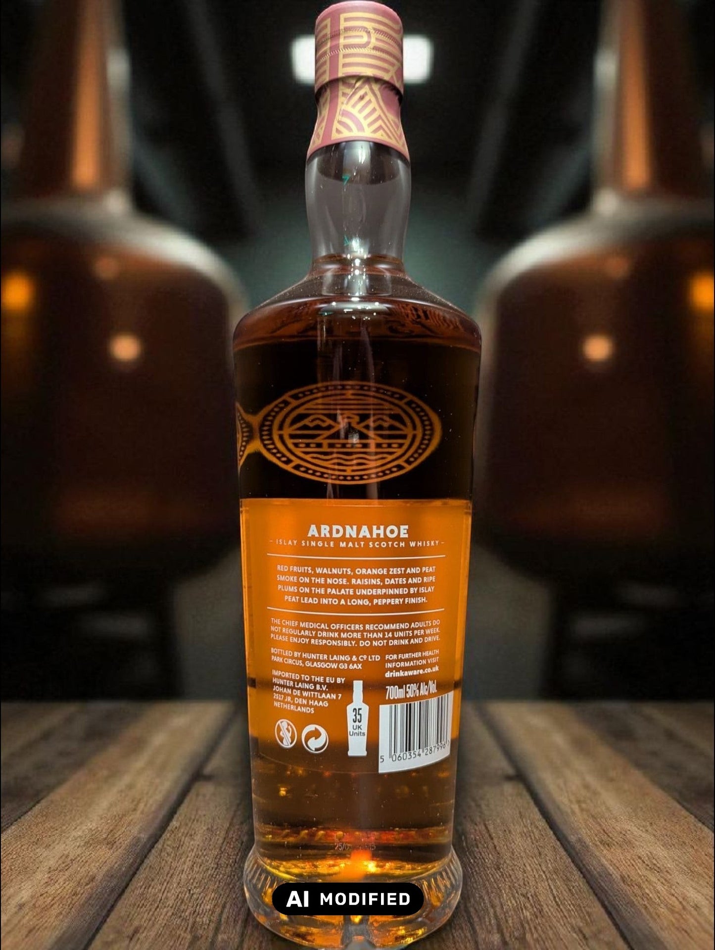 Flasche und Karton Ardnahoe Bholsa Whisky vor dunkelm Distillenhintergrund