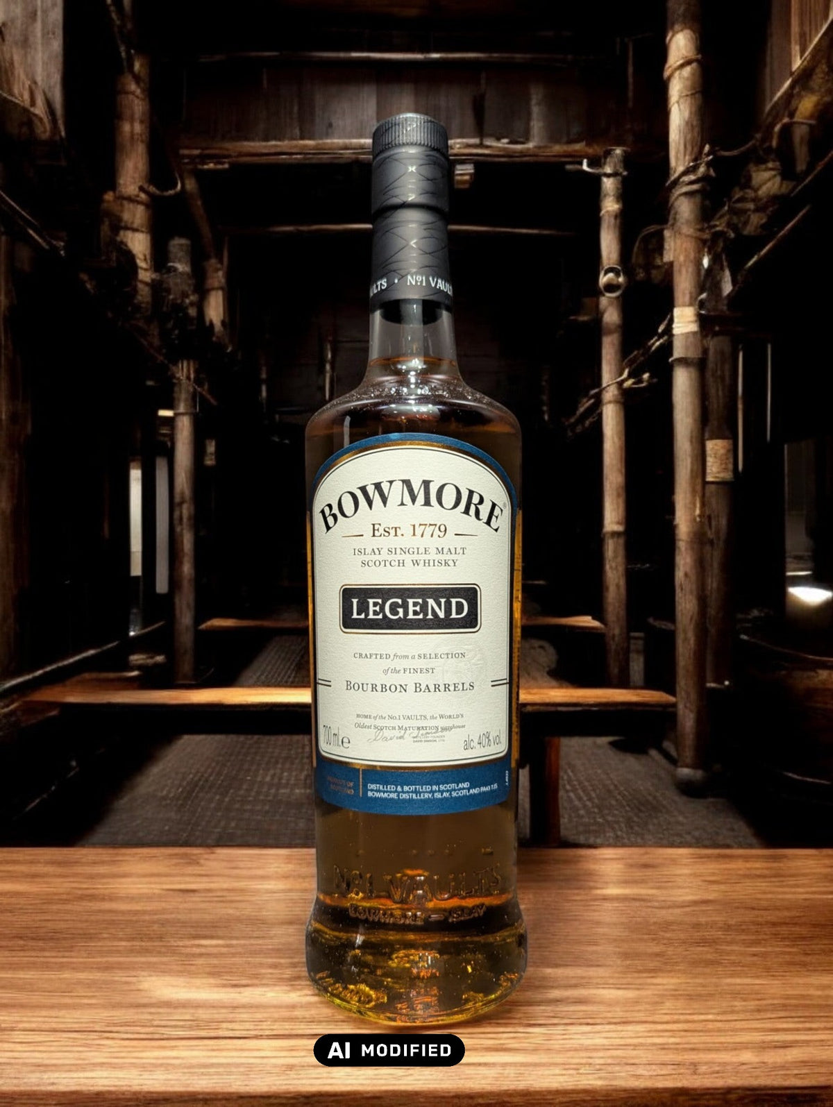 Eine Flasche Bowmore Legend Whisky in einer klassischen Destilleriehalle, umgeben von Holzbalken, Steinwänden und Whiskyfässern. Die schlichte, elegante Flasche mit ihrem charakteristischen Etikett fügt sich harmonisch in die traditionelle, maritime Atmosphäre der Bowmore-Destillerie ein.