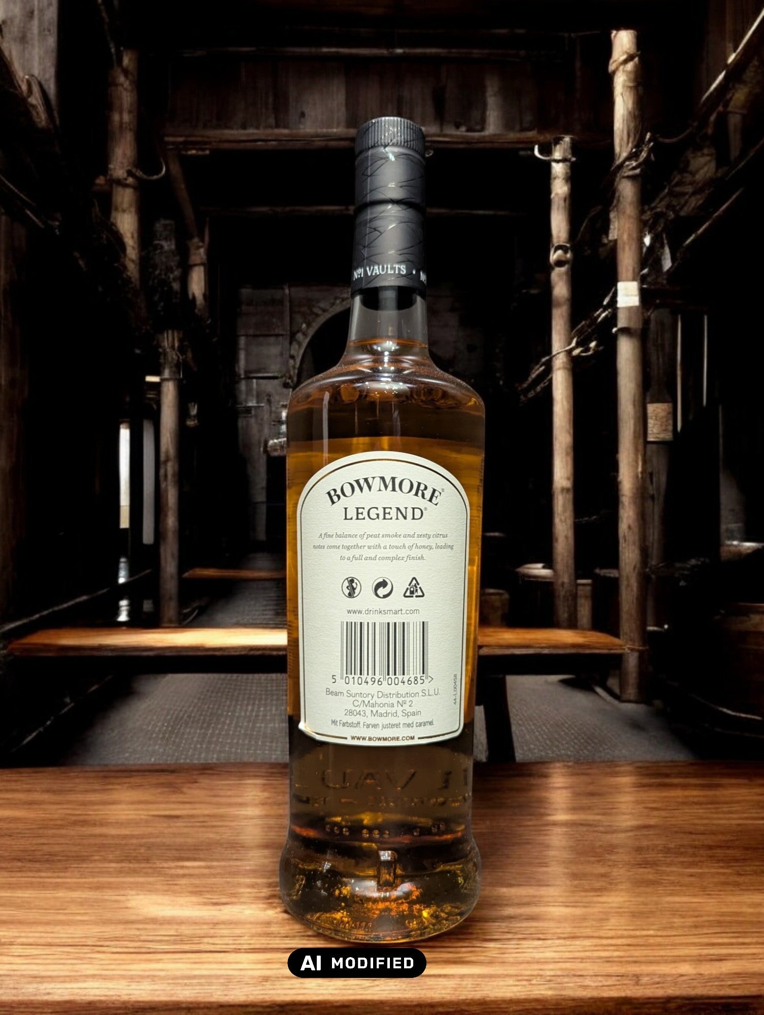 Eine Flasche Bowmore Legend Whisky in einer klassischen Destilleriehalle, umgeben von Holzbalken, Steinwänden und Whiskyfässern. Die schlichte, elegante Flasche mit ihrem charakteristischen Etikett fügt sich harmonisch in die traditionelle, maritime Atmosphäre der Bowmore-Destillerie ein.