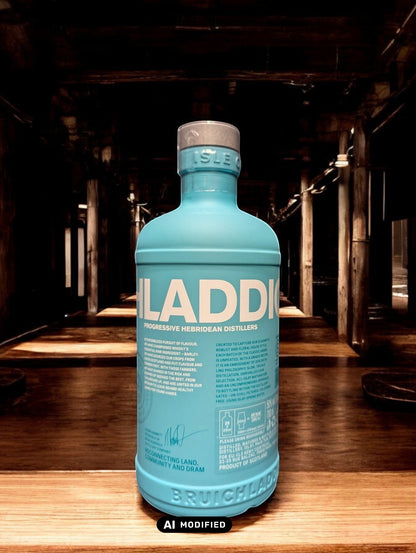 Ein Bruichladdich Classic Laddie Whisky in einer Destilleriehalle, umgeben von warmen Holzelementen, Kupferbrennblasen und Holzfässern. Die markante türkisfarbene Flasche hebt sich von der rustikalen Umgebung ab, die eine gemütliche und traditionelle Atmosphäre ausstrahlt.