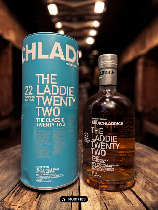 Flasche Bruichladdich 22 mit Tube vor dunklem, holzigen Hintergrund