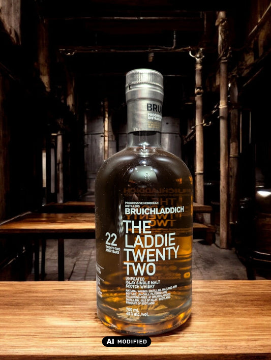 Bruichladdich Laddie Twenty Two Single Malt Scotch Whisky mit eleganter Flasche, blauem Etikett und hochwertiger Verpackung, präsentiert auf einem stilvollen Hintergrund. Ein seltener und gereifter Whisky, der durch seine 22 Jahre Fassreifung mit komplexen Aromen und außergewöhnlichem Charakter überzeugt.