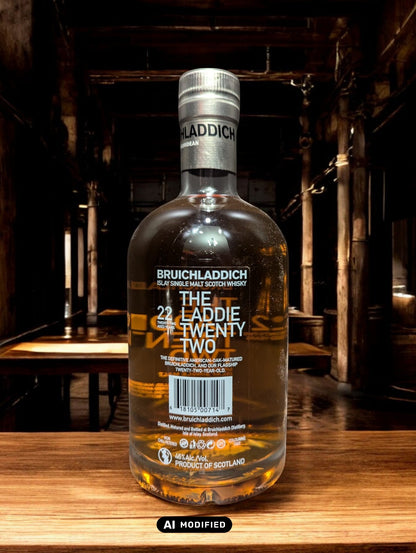 Bruichladdich Laddie Twenty Two Single Malt Scotch Whisky mit eleganter Flasche, blauem Etikett und hochwertiger Verpackung, präsentiert auf einem stilvollen Hintergrund. Ein seltener und gereifter Whisky, der durch seine 22 Jahre Fassreifung mit komplexen Aromen und außergewöhnlichem Charakter überzeugt.