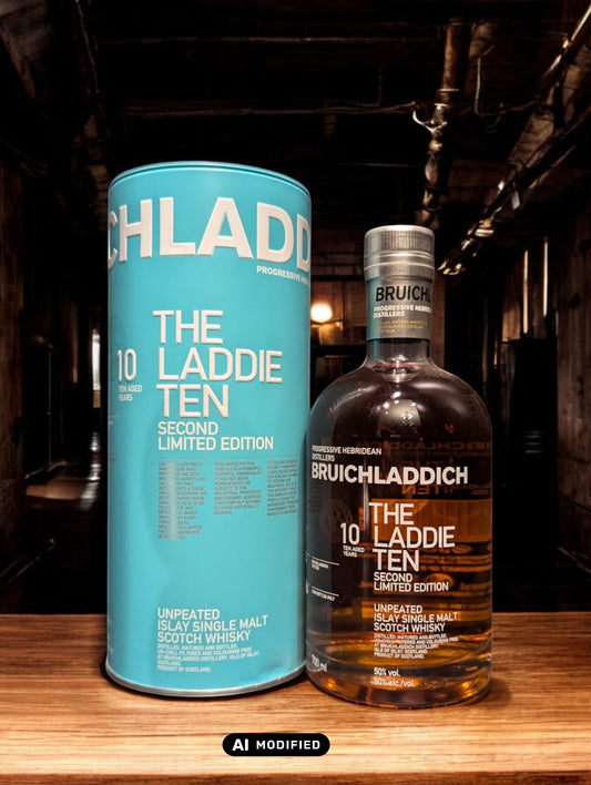Bruichladdich The Laddie Ten Whiskyflasche mit charakteristischem türkisfarbenem Design, ein 10-jähriger Single Malt Scotch Whisky aus Schottland, bekannt für seine weiche Textur, fruchtigen Aromen und handwerkliche Herstellung, präsentiert vor einem schlichten Hintergrund zur Betonung des einzigartigen Flaschendesigns.