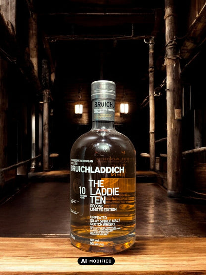Bruichladdich The Laddie Ten Whiskyflasche mit charakteristischem türkisfarbenem Design, ein 10-jähriger Single Malt Scotch Whisky aus Schottland, bekannt für seine weiche Textur, fruchtigen Aromen und handwerkliche Herstellung, präsentiert vor einem schlichten Hintergrund zur Betonung des einzigartigen Flaschendesigns.
