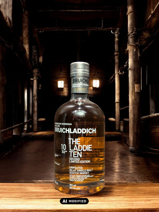 Bruichladdich The Laddie Ten Whiskyflasche mit charakteristischem türkisfarbenem Design, ein 10-jähriger Single Malt Scotch Whisky aus Schottland, bekannt für seine weiche Textur, fruchtigen Aromen und handwerkliche Herstellung, präsentiert vor einem schlichten Hintergrund zur Betonung des einzigartigen Flaschendesigns.