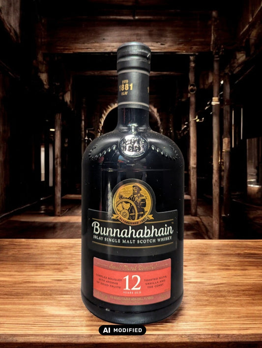 Flasche Bunnahabhain 12 Jahre Single Malt Scotch Whisky, präsentiert vor einem dunklen Hintergrund, die das sanfte Bernstein des Whiskys hervorhebt und das traditionelle, maritime Design des Etiketts mit den charakteristischen maritimen Elementen und der klaren Schrift akzentuiert.