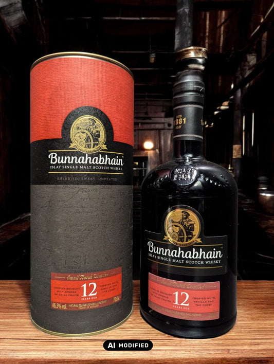 Flasche Bunnahabhain 12 Jahre Single Malt Scotch Whisky, präsentiert vor einem dunklen Hintergrund, die das sanfte Bernstein des Whiskys hervorhebt und das traditionelle, maritime Design des Etiketts mit den charakteristischen maritimen Elementen und der klaren Schrift akzentuiert.