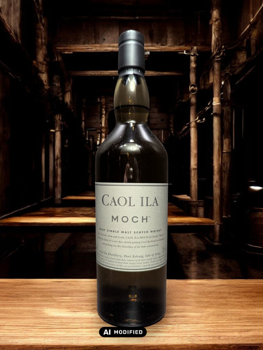 Eine Flasche Caol Ila Moch Whisky in einer hellen, modernen Destilleriehalle mit großen Fenstern, die den Blick auf eine neblige Küstenlandschaft freigeben. Die schlanke, klare Flasche mit dem minimalistischen Etikett spiegelt die frische und leichte Charakteristik des Whiskys wider, während das maritime Ambiente die Verbindung zur schottischen Insel Islay unterstreicht.