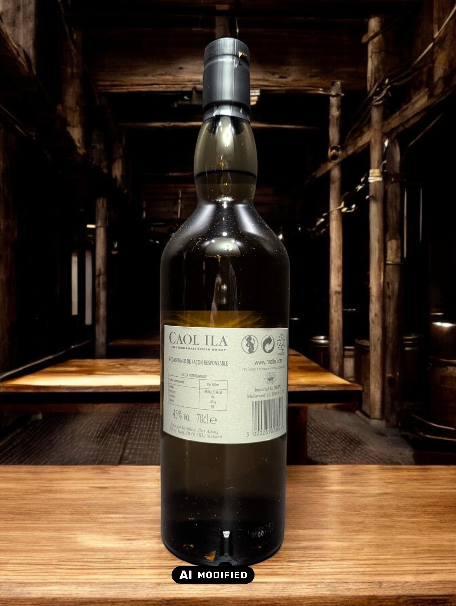 Eine Flasche Caol Ila Moch Whisky in einer hellen, modernen Destilleriehalle mit großen Fenstern, die den Blick auf eine neblige Küstenlandschaft freigeben. Die schlanke, klare Flasche mit dem minimalistischen Etikett spiegelt die frische und leichte Charakteristik des Whiskys wider, während das maritime Ambiente die Verbindung zur schottischen Insel Islay unterstreicht.