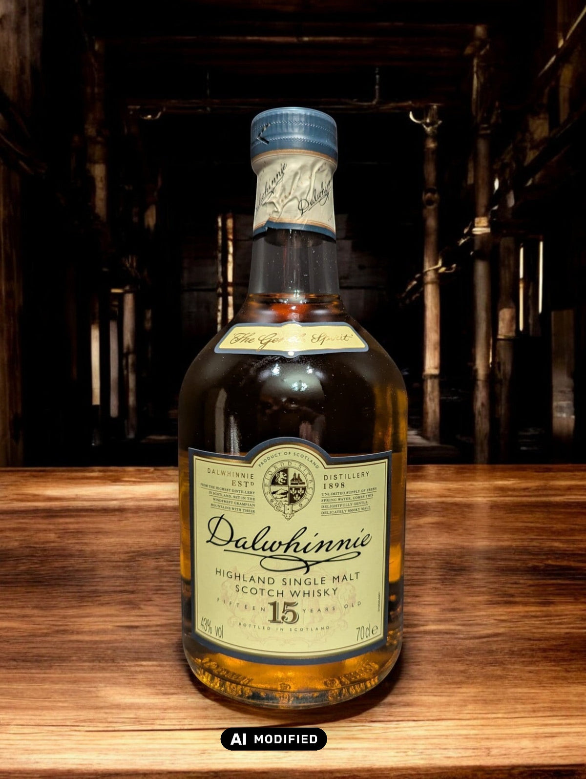 Eine Flasche Dalwhinnie 15 Jahre Single Malt Scotch Whisky steht aufrecht vor einem dunkelgrauen Hintergrund. Die elegante, klare Glasflasche zeigt ein cremefarbenes Etikett mit goldenen Akzenten und schwarzer Schrift. Der goldene Whisky schimmert im Licht und wird von einem markanten, kugelförmigen Flaschenhals mit einem schwarzen Verschluss gekrönt. Die gesamte Szene wirkt edel und zeitlos, was die hohe Qualität des Whiskys unterstreicht.