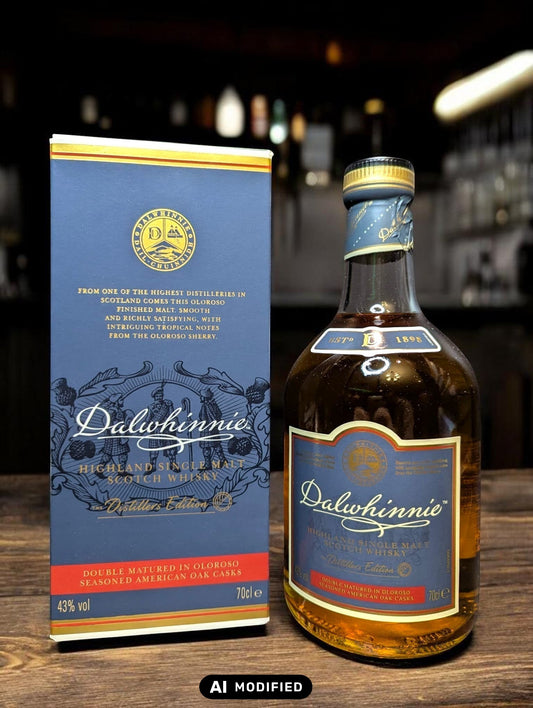 Flasche Dalwhinnie Distillers Edition 2022 Whisky auf einer Bar mit Verpackung