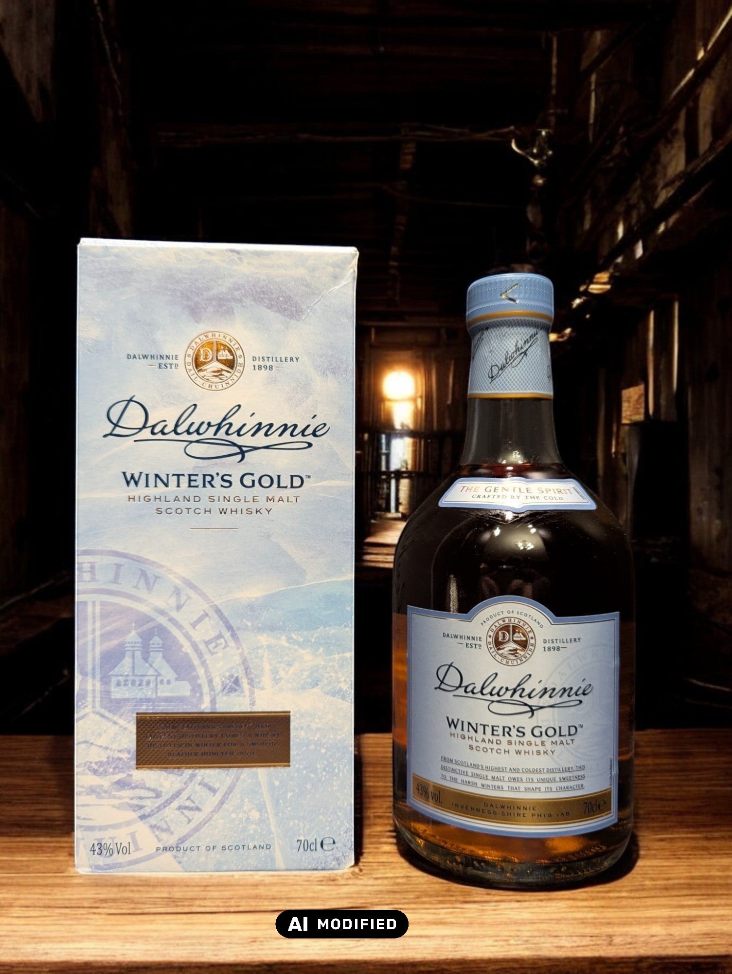 Eine Flasche Dalwhinnie Winter's Gold Whisky in einer malerischen Destilleriehalle, umgeben von Steinwänden und Holzbalken, mit einem Hauch von frostiger Kälte in der Luft. Die honigfarbene Flasche mit ihrem winterlichen Etikett vermittelt Wärme und Eleganz, während die rustikale Umgebung die Verbindung zur schottischen Berglandschaft und den eisigen Temperaturen, bei denen dieser Whisky reift, betont.