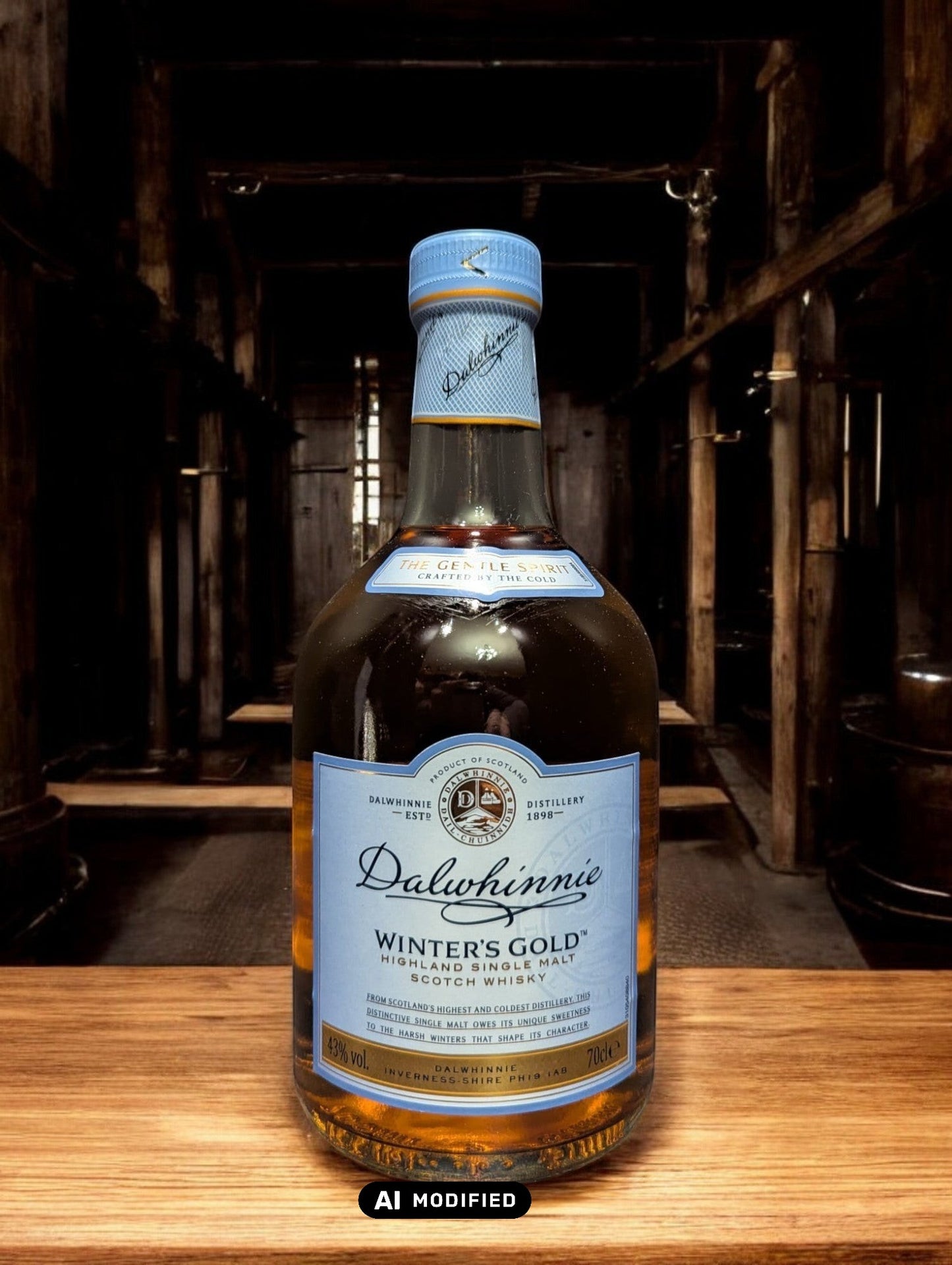 Eine Flasche Dalwhinnie Winter's Gold Whisky in einer malerischen Destilleriehalle, umgeben von Steinwänden und Holzbalken, mit einem Hauch von frostiger Kälte in der Luft. Die honigfarbene Flasche mit ihrem winterlichen Etikett vermittelt Wärme und Eleganz, während die rustikale Umgebung die Verbindung zur schottischen Berglandschaft und den eisigen Temperaturen, bei denen dieser Whisky reift, betont.