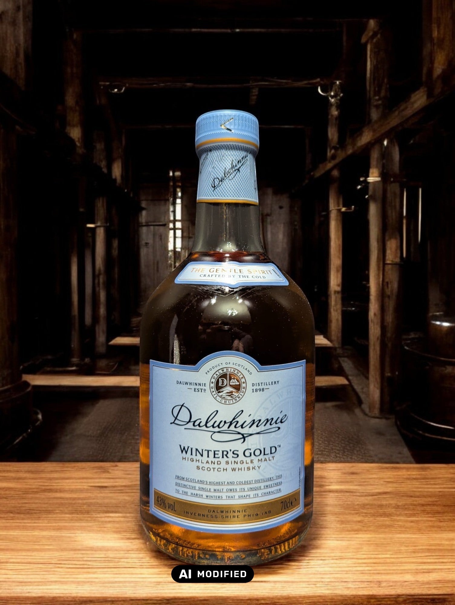 Eine Flasche Dalwhinnie Winter's Gold Whisky in einer malerischen Destilleriehalle, umgeben von Steinwänden und Holzbalken, mit einem Hauch von frostiger Kälte in der Luft. Die honigfarbene Flasche mit ihrem winterlichen Etikett vermittelt Wärme und Eleganz, während die rustikale Umgebung die Verbindung zur schottischen Berglandschaft und den eisigen Temperaturen, bei denen dieser Whisky reift, betont.