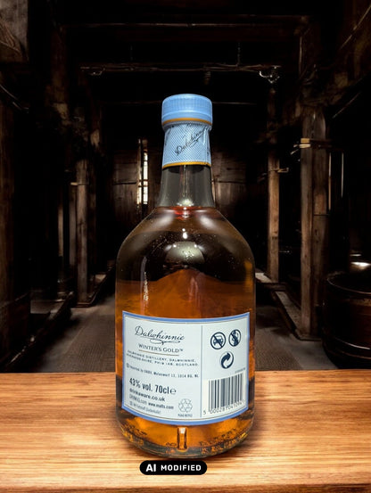 Eine Flasche Dalwhinnie Winter's Gold Whisky in einer malerischen Destilleriehalle, umgeben von Steinwänden und Holzbalken, mit einem Hauch von frostiger Kälte in der Luft. Die honigfarbene Flasche mit ihrem winterlichen Etikett vermittelt Wärme und Eleganz, während die rustikale Umgebung die Verbindung zur schottischen Berglandschaft und den eisigen Temperaturen, bei denen dieser Whisky reift, betont.