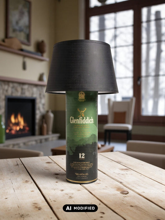 Stehlampe einer Glenfiddich 12 Tube auf einem Tisch