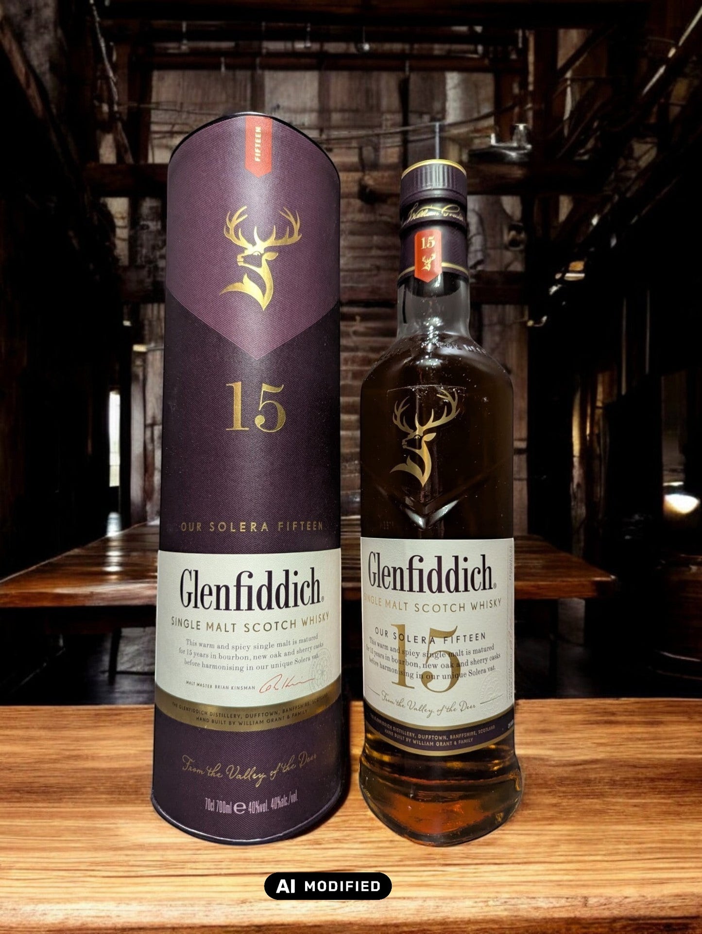 Ein Glenfiddich 15 Jahre Whisky in einer eleganten Flasche, umgeben von einer stilvollen Verpackung. Die goldene Farbe des Whiskys wird durch das Licht betont, während das Etikett die reiche Tradition und Qualität der Marke hervorhebt. Ideal präsentiert auf einem dunklen Holztisch mit einem passenden Whiskyglas, das einen Hauch von Luxus vermittelt.