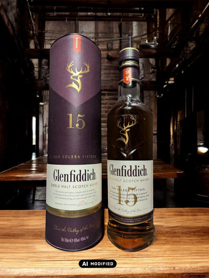 Ein Glenfiddich 15 Jahre Whisky in einer eleganten Flasche, umgeben von einer stilvollen Verpackung. Die goldene Farbe des Whiskys wird durch das Licht betont, während das Etikett die reiche Tradition und Qualität der Marke hervorhebt. Ideal präsentiert auf einem dunklen Holztisch mit einem passenden Whiskyglas, das einen Hauch von Luxus vermittelt.