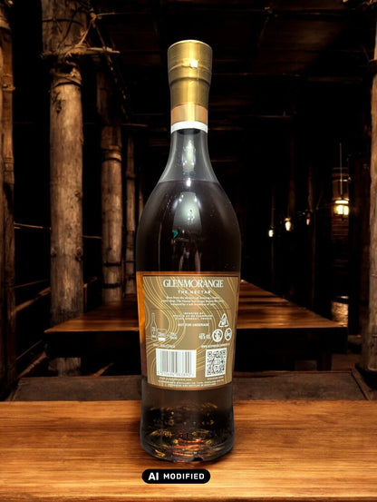 Bild eines Glenmorangie 16 Years - The Nectar Whiskyflasche vor einem dunklen Hintergrund, betont die edle Ausstrahlung und die Tiefen der reichen Bernsteinfarbe.