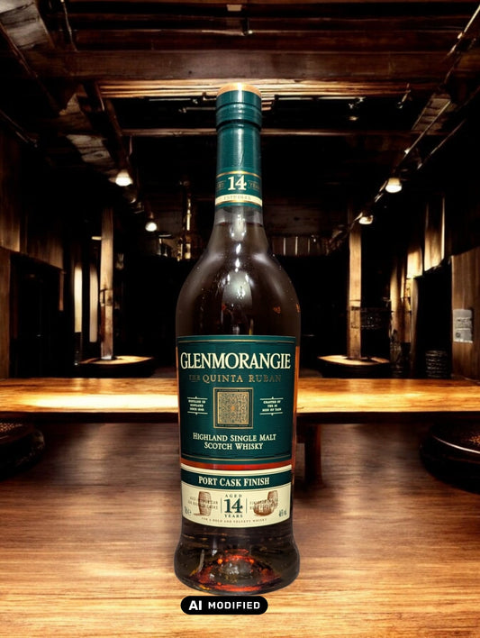 Flasche Glenmorangie The Quinta Ruban 12 Jahre, ein schottischer Single Malt Whisky, gereift in Bourbon- und Portweinfässern, präsentiert auf einem neutralen Hintergrund. Ideal für Liebhaber von reichhaltigen Aromen wie dunkler Schokolade, Minze und Walnüssen, ein Highlight unter Whiskykennern.