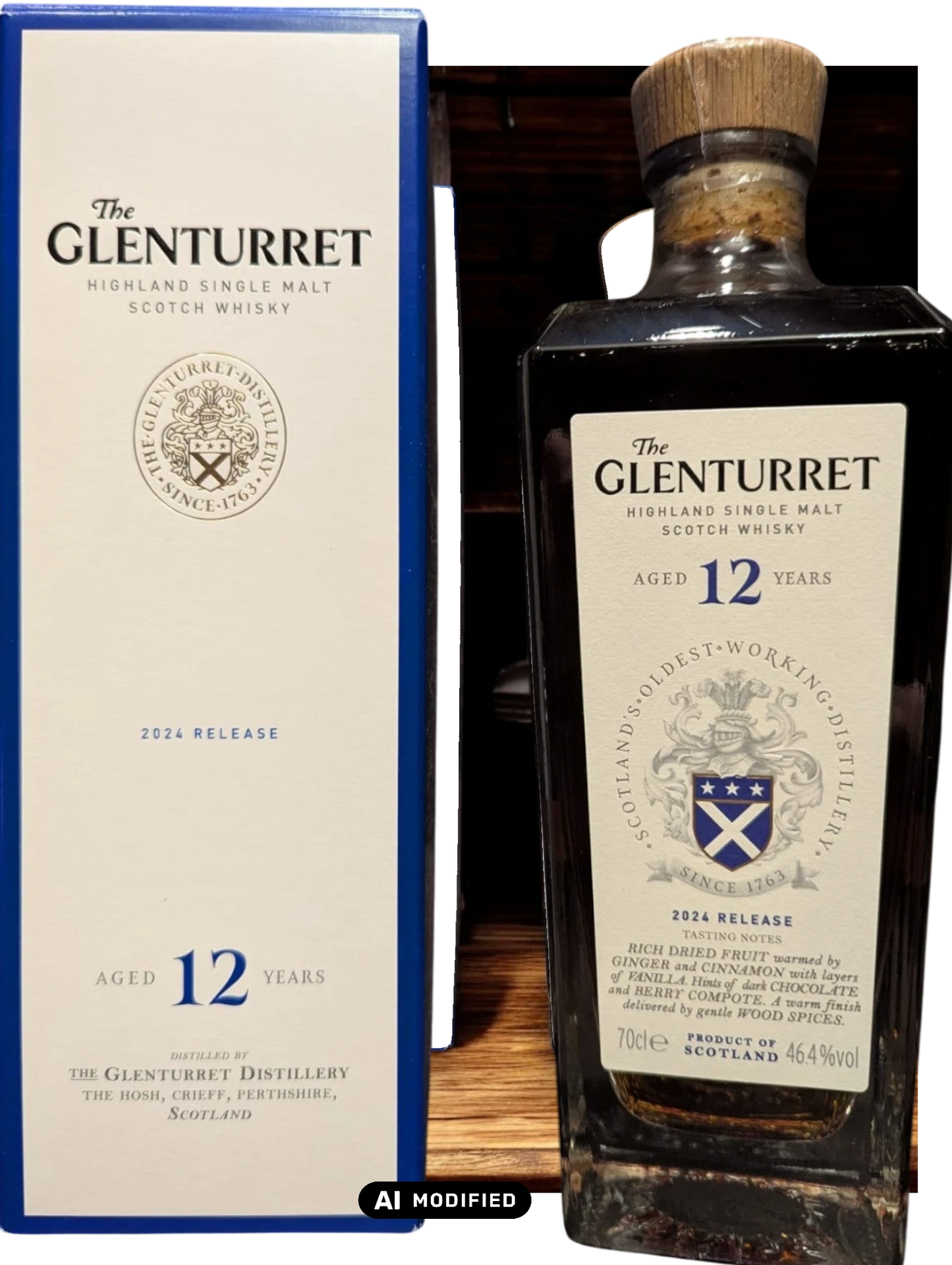 Flasche von Glenturret 12 Year Old Single Malt Whisky mit sichtbarer Reifungskennzeichnung vor einem eleganten Hintergrund.