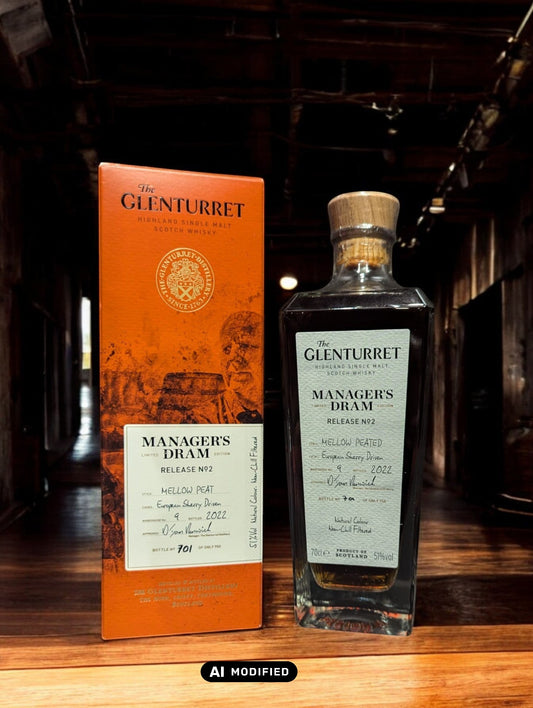 Eine Flasche Glenturret Manager's Dram No. 2 steht im Vordergrund, umrahmt von dunklem Holz und mit einem markanten, traditionellen Etikett. Der seltene schottische Single Malt Whisky verspricht mit seiner tiefen Bernsteinfarbe ein reiches Aromaprofil. Die limitierte Auflage wird durch eine individuelle Flaschennummer hervorgehoben, was Sammler und Kenner gleichermaßen anspricht. Der Hintergrund deutet auf eine exklusive Destillerie-Umgebung hin.