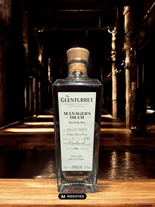 Eine Flasche Glenturret Manager's Dram No. 2 steht im Vordergrund, umrahmt von dunklem Holz und mit einem markanten, traditionellen Etikett. Der seltene schottische Single Malt Whisky verspricht mit seiner tiefen Bernsteinfarbe ein reiches Aromaprofil. Die limitierte Auflage wird durch eine individuelle Flaschennummer hervorgehoben, was Sammler und Kenner gleichermaßen anspricht. Der Hintergrund deutet auf eine exklusive Destillerie-Umgebung hin.