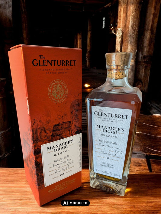 Eine Flasche Glenturret Manager's Dram No. 2 steht im Vordergrund, umrahmt von dunklem Holz und mit einem markanten, traditionellen Etikett. Der seltene schottische Single Malt Whisky verspricht mit seiner tiefen Bernsteinfarbe ein reiches Aromaprofil. Die limitierte Auflage wird durch eine individuelle Flaschennummer hervorgehoben, was Sammler und Kenner gleichermaßen anspricht. Der Hintergrund deutet auf eine exklusive Destillerie-Umgebung hin.