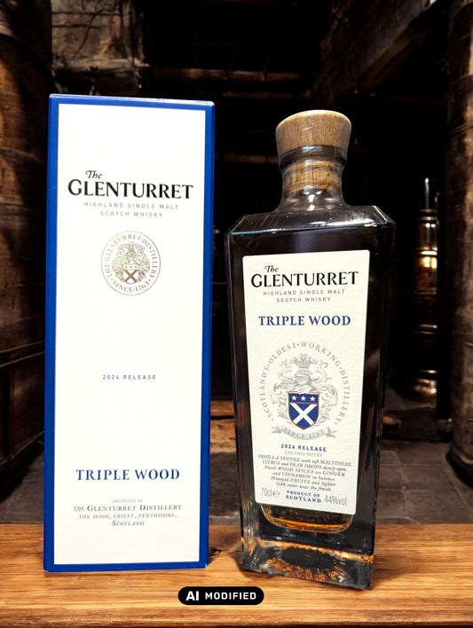 Glenturret Triple Wood Whiskyflasche elegant präsentiert mit sichtbaren Holzmaserungen im Hintergrund. Bernsteinfarbener Whisky reflektiert das Licht, während das Etikett die Reifung in drei verschiedenen Holzfässern hervorhebt. Dieses Bild betont die komplexe Handwerkskunst und die vielschichtigen Geschmacksnoten, die Liebhaber erwarten dürfen.