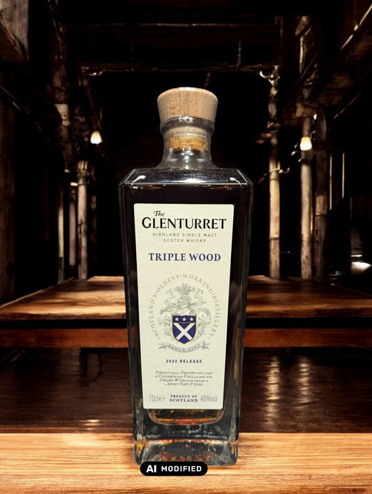 Glenturret Triple Wood Whiskyflasche elegant präsentiert mit sichtbaren Holzmaserungen im Hintergrund. Bernsteinfarbener Whisky reflektiert das Licht, während das Etikett die Reifung in drei verschiedenen Holzfässern hervorhebt. Dieses Bild betont die komplexe Handwerkskunst und die vielschichtigen Geschmacksnoten, die Liebhaber erwarten dürfen.