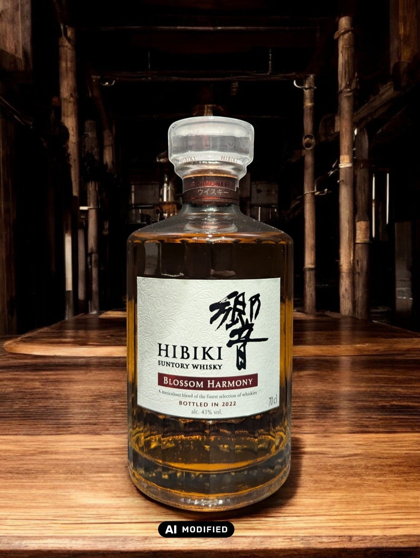 Flasche von Hibiki Blossom Harmony Whisky, umgeben von zarten Kirschblüten, auf einem eleganten dunklen Hintergrund, der die warmen Bernsteintöne des Getränks hervorhebt.
