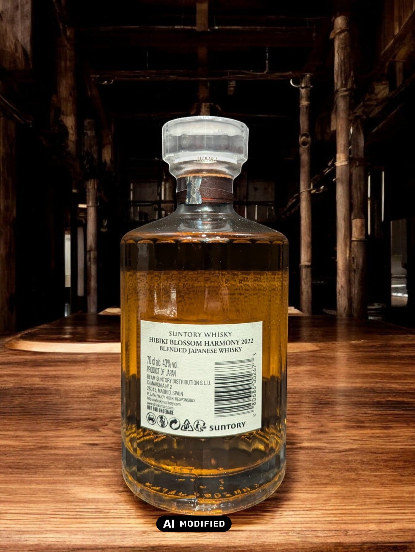 Flasche von Hibiki Blossom Harmony Whisky, umgeben von zarten Kirschblüten, auf einem eleganten dunklen Hintergrund, der die warmen Bernsteintöne des Getränks hervorhebt.