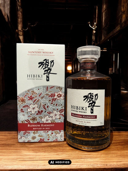 Flasche von Hibiki Blossom Harmony Whisky, umgeben von zarten Kirschblüten, auf einem eleganten dunklen Hintergrund, der die warmen Bernsteintöne des Getränks hervorhebt.