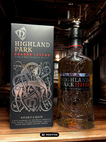 Eine Flasche Highland Park Dragon Legend Whisky in einer atmosphärischen Destilleriehalle, umgeben von rustikalem Holz und rauen Steinwänden. Die dunkle Flasche mit kunstvollem nordischen Drachen-Design sticht hervor und verleiht der Szenerie einen Hauch von mystischer Wikingertradition und handwerklicher Perfektion.