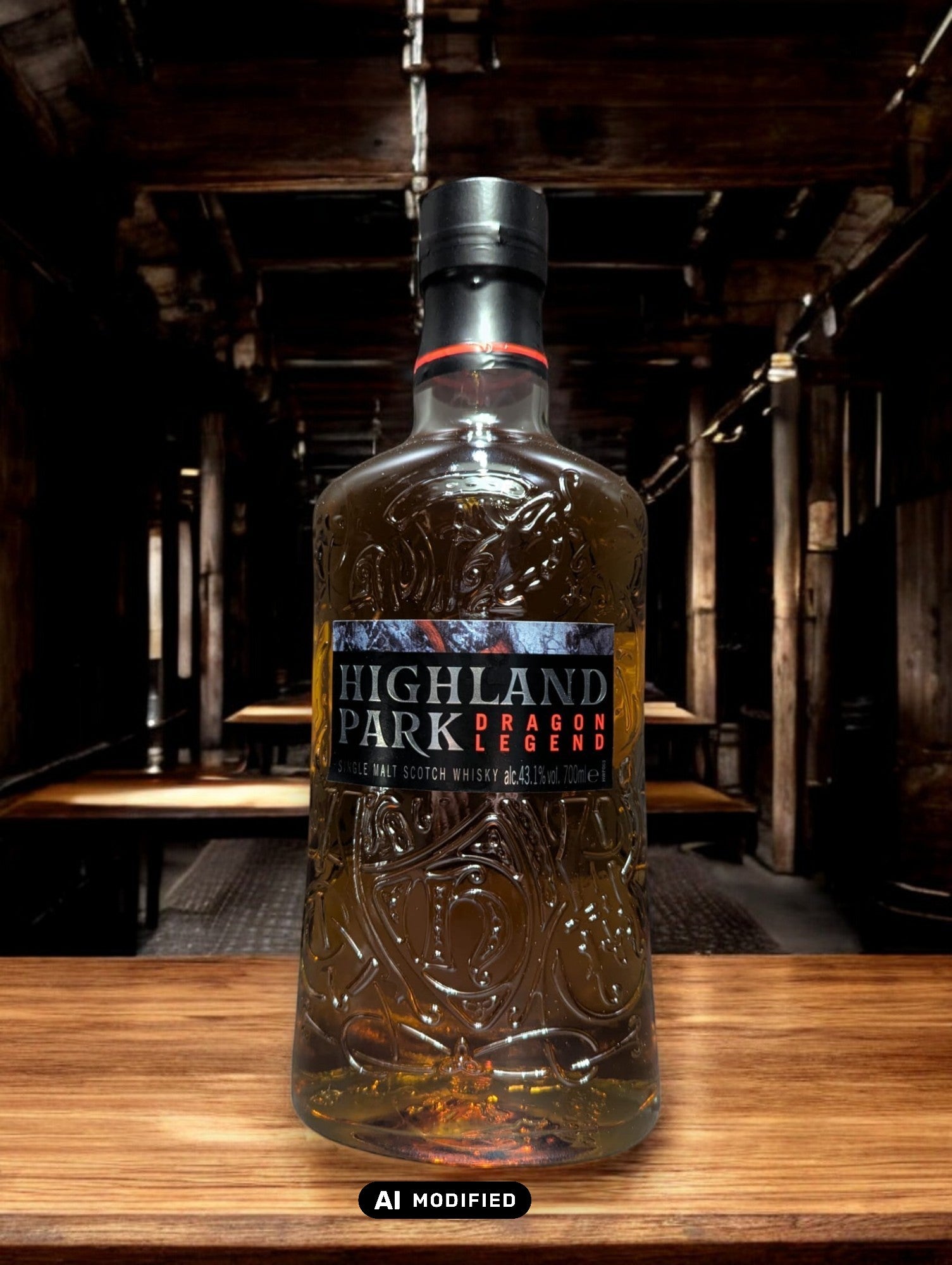 Eine Flasche Highland Park Dragon Legend Whisky in einer atmosphärischen Destilleriehalle, umgeben von rustikalem Holz und rauen Steinwänden. Die dunkle Flasche mit kunstvollem nordischen Drachen-Design sticht hervor und verleiht der Szenerie einen Hauch von mystischer Wikingertradition und handwerklicher Perfektion.
